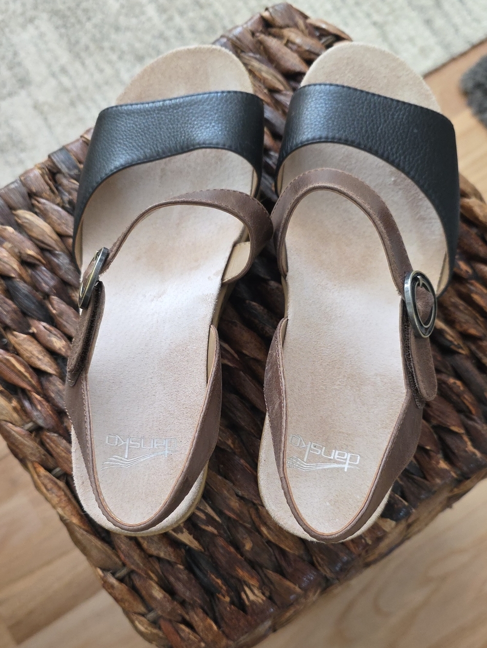 Dansko Two-Tone Black and Brown Women's Slide Sandal with Buckle